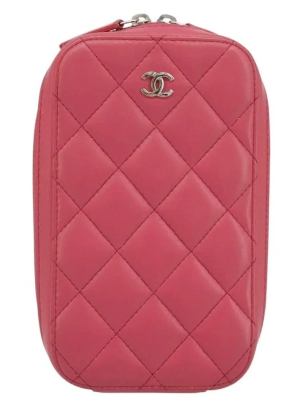CHANEL Phone Pouch Lamb Skin Pink Silver CC Auth ka4502M
